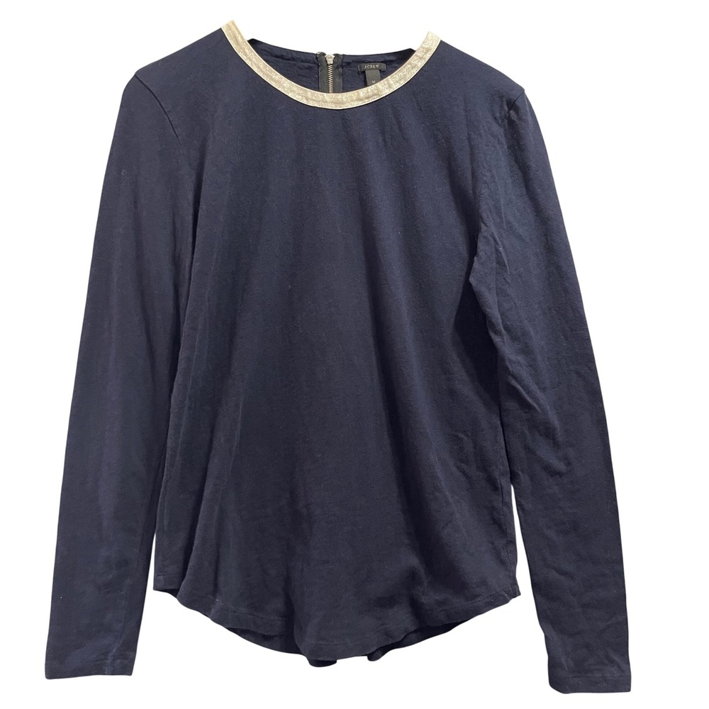 J.Crew Top Women M Navy Blue Gold Leather Trim Long Sleeve Back Zip Preppy